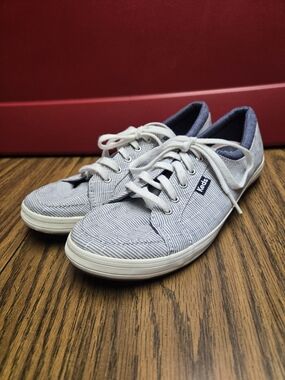 Keds Women's Herringbone Striped Canvas Lace-Up Sneakers in Blue.